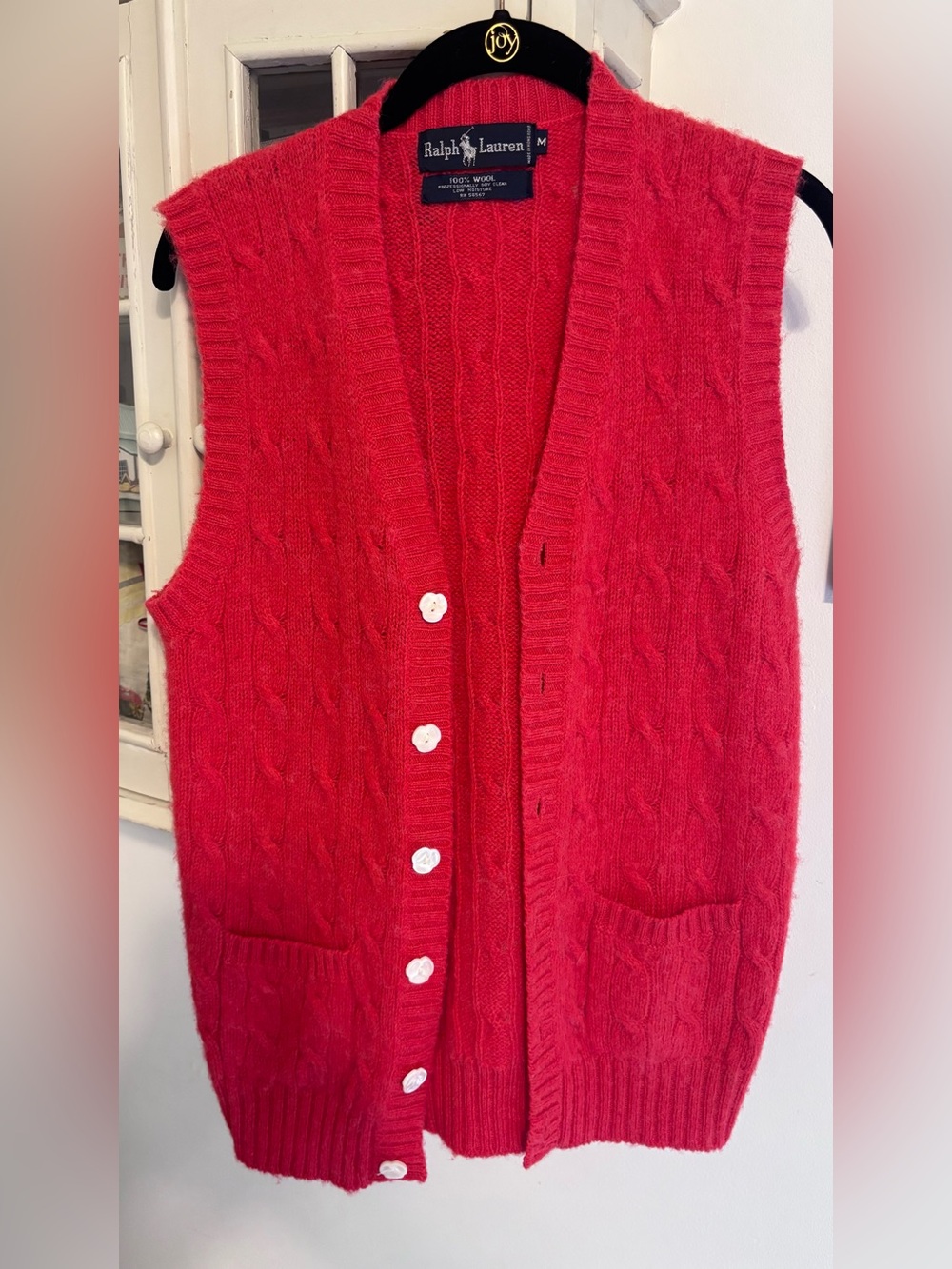 Ralph Lauren Red Cable Knit wool Sleeveless Cardigan vest